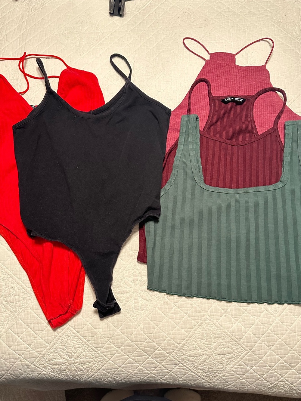 5 Assorted tops, 3 crop, 2 body suit - All Women’s Medium